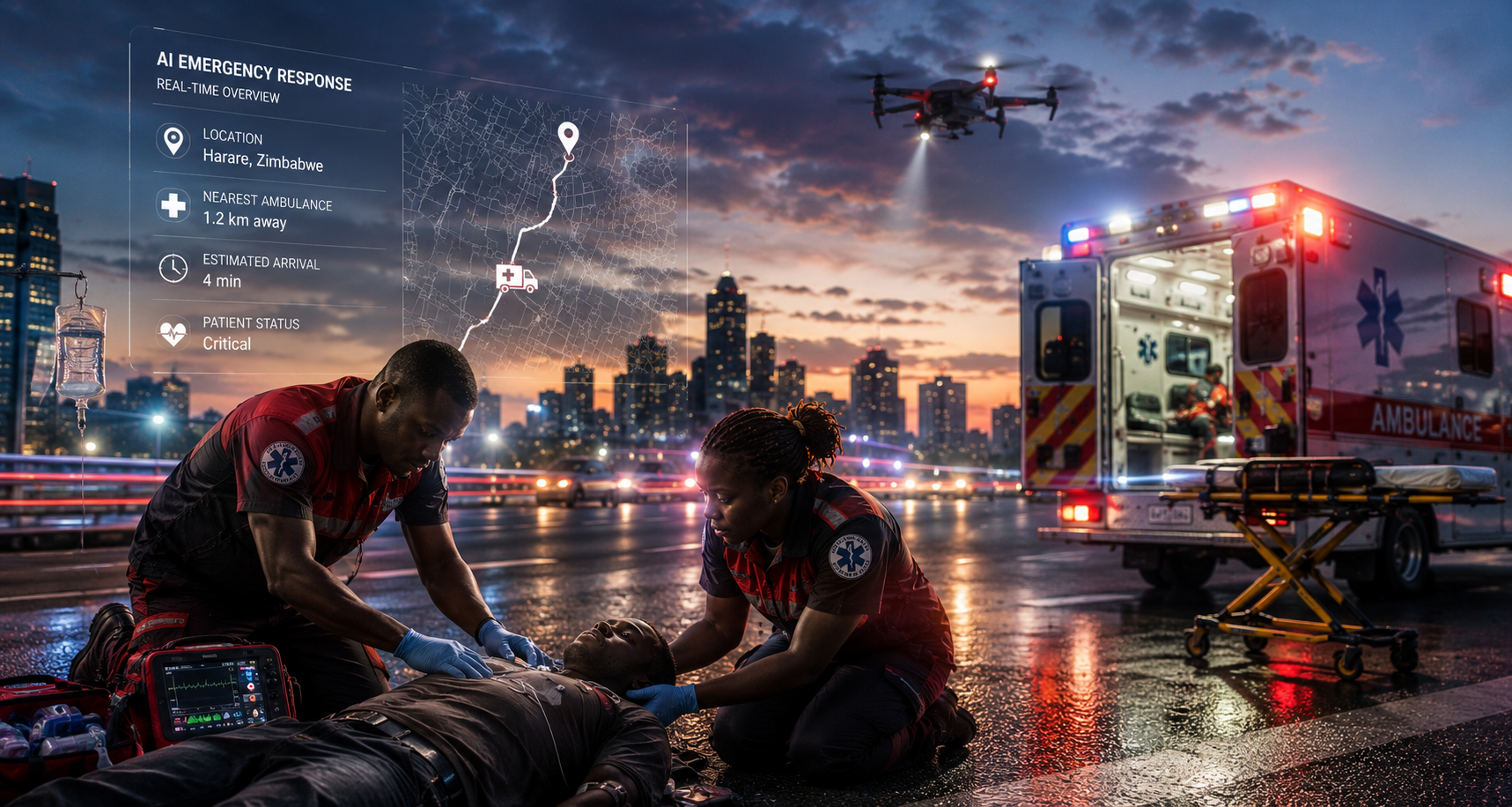 Emergency response team with AI-powered heads-up display at night