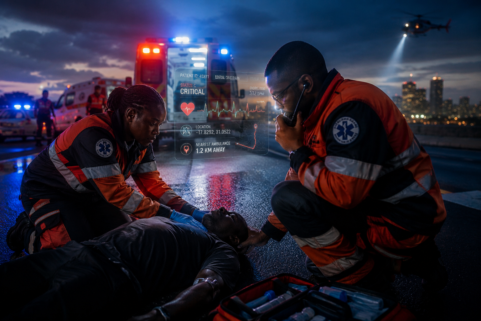 Emergency response team with AI-powered heads-up display at night